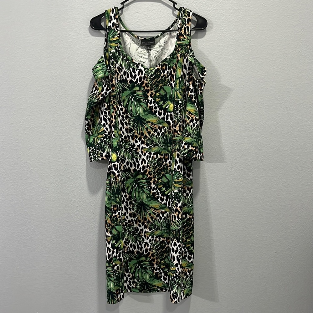 Bold Elements Tropical Leopard Print Dess Cold Shoulder V Neck Women's Large